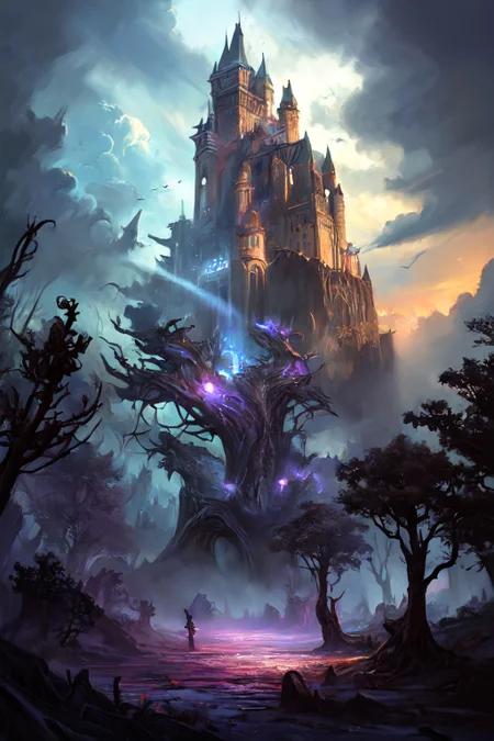 hyperrealism oil painting, Friendly ghost of the castle,
many small clouds, and thunderstorm, and slightly cloudy,,,
aimi,aimi_\(sky-freedom\),sky-freedom style,by sky-freedom,purple eyes,long hair,black hair,blunt bangs,sidelocks in a hime cut,(mole under mouth:1.2),off-shoulder shirt,oversized_clothes,(geforce_rtx_3090_ti,graphics card),
fantasy forest enchanted flowerbeds,
a dense ancient forest, with towering trees, darting wildlife, shafts of sunlight,
Noon,
lighting,
<lora:more_details:0.3>,
<lora:EnvyFantasyMix05:0.5>,
<lora:ghost:0.4> guiguai,
<lora:FantasyRuins:0.5> FanRu,
<lora:USNR STYLE_XL_loha:0.3> usnr,
<lora:EtherSDXL:0.3> EtherStyle,