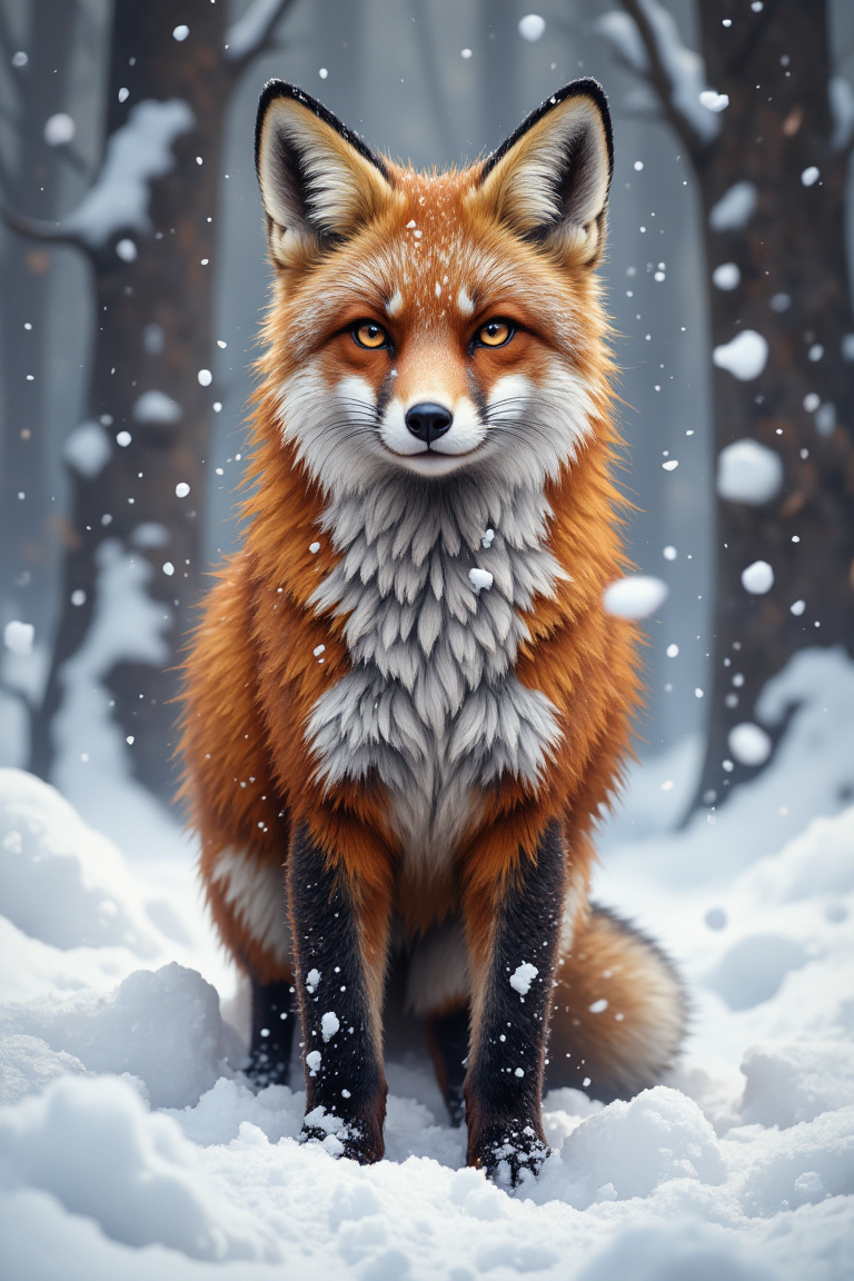 “A stunning wildlife photograph of a red fox standing alert in a serene, snow-covered forest as gentle snowfall drifts through the air. Its vibrant orange fur contrasts beautifully against the white landscape, with delicate snowflakes resting on its whiskers and ears. The fox’s piercing amber eyes gaze directly into the camera, exuding curiosity and intelligence. Its ears are perked, and its tail rests gently behind it, as if sensing something in the distance. Soft morning light filters through the bare trees, casting long shadows on the powdery snow. The background is slightly blurred, enhancing the sharp details of the fox’s thick fur and delicate paw prints in the fresh snow. The falling snowflakes add a magical, peaceful atmosphere to this breathtaking winter wildlife scene.”,aidmafluxpro1.1