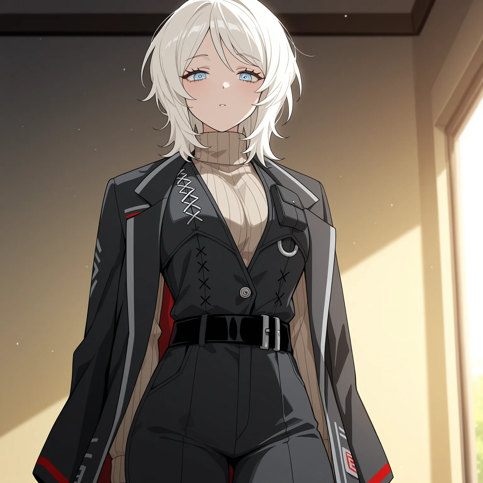 masterpiece, best quality, amazing quality, anime screencap, 1girl, solo, standing, cowboy shot, looking at viewer, <lora:FaustLimbus:0.9>, FaustLimbus, medium hair, white hair, blue eyes, large breasts, black coat, black vest, turtleneck sweater, belt, black pants, black shoes,