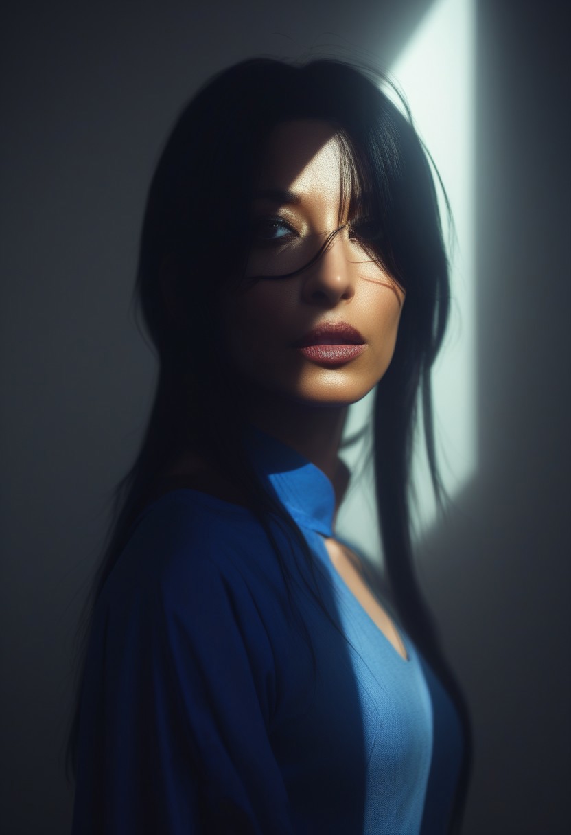 cosplay, Italian woman, long black hair, blue tunic, cinematic lighting