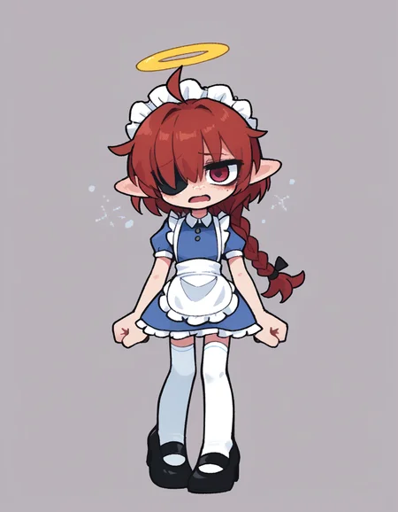 zPDXL, score_9, score_8_up, score_7_up, source_anime,
1girl, solo, open mouth, (praise_the_sun), maid wearing a simple, light blue (uniform:1.2) consisting of a blouse and skirt, white apron, (stockings:1.1), maid headscarf, Mary Jane heels, <lora:Nullantwins:0.8> Lynn, red hair, red eyes, (hair over one eye), braided ponytail, halo, freckles, bags under eyes, jitome, ahoge, pointed ears, flat chest, eyepatch,,
<lora:KimKrab_v2:1> kimkrab