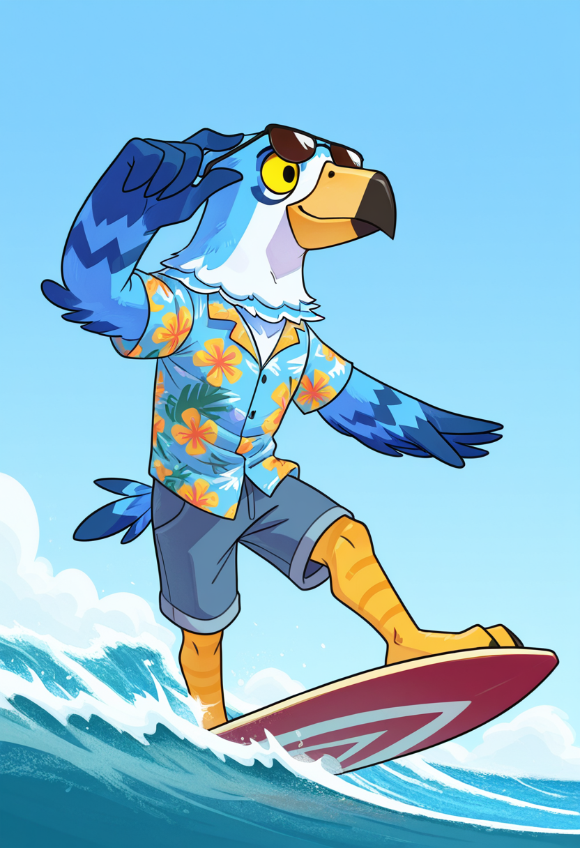 <lora:Pierce_Animal_Crossing__IL_:1>, PierceAC, furry, anthro, 1boy, masterpiece, bird, solo, smile, beak, yellow sclera, black eyes, blue sky, hawaiin shirt, fullbody, surfing, sunglasses, wearing sunglasses, ocean, surfboard, yellow legs