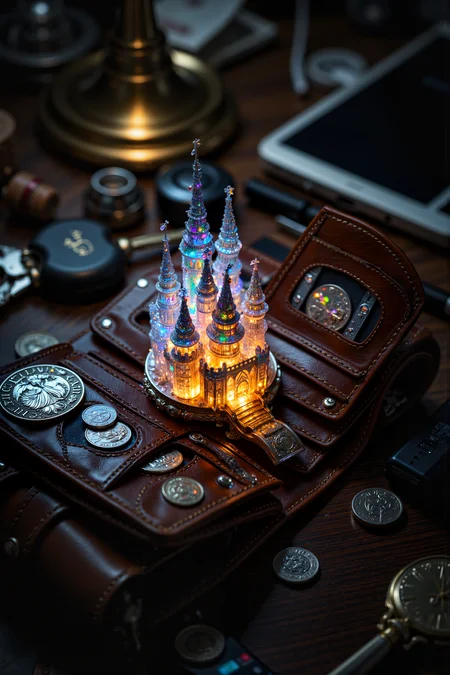 A hyper-realistic portrait, photorealistic photo close-up image of A close-up portrait of a tiny, intricately detailed castle made of shimmering crystal, sitting inside a well-used leather wallet on a cluttered nightstand. The castle, complete with towering spires and delicate balconies, glows faintly with an inner light, casting tiny rainbows across the worn leather of the wallet. Coins and crumpled bills are tucked away in the walletâs pockets, but the castle stands proudly in the center compartment, its gleaming presence at odds with the mundane items around it. The nightstand is littered with everyday objectsâa set of keys, a half-empty glass of water, and a charging phoneâhighlighting the strange contrast between the ordinary and the fantastical. The light from a nearby lamp catches the edges of the castle, making it sparkle like a hidden treasure. This image evokes a sense of wonder, as if magic can be found in the most unexpected places, hidden away in the corners of daily life. (photography, high-resolution, dynamic, energetic,hyper-realistic, dramatic lighting, shallow depth of field.), detailmaximizer, MythP0rt<lora:midjourney_whisper_flux_lora_v01:0.55><lora:aidmaMJ6.1-FLUX-V0.1:0.4><lora:FluxMythP0rtr4itStyle:0.4><lora:detailed_flux_ntc:2.2><lora:aidmaImageUpgrader-FLUX-V0.1:0.65>