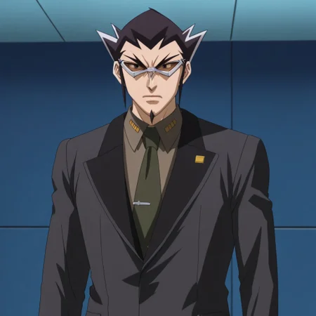 weapon, looking ar viewer, coat, male focus, blue background, mask, tclenched hands, formal, jacket, spiked hair, day, black hair, shirt, close-up, indoors