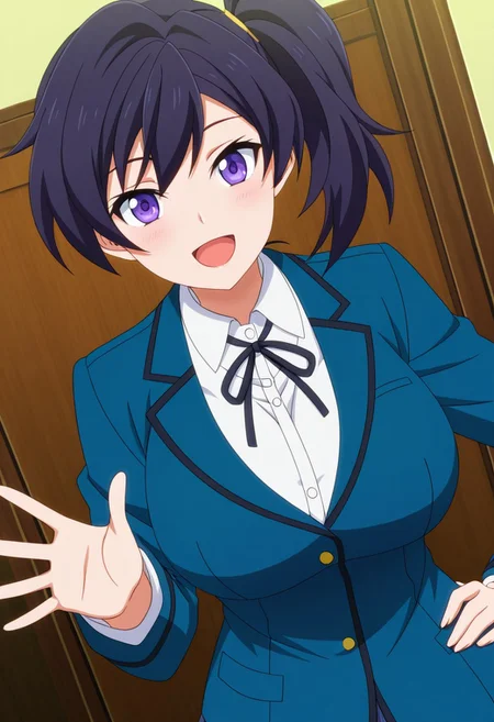 general,highres, ultra-detailed,very aesthetic,best quality ,best hands,best eyes,easynegative,
dynamic anglre, dutch angle, anime cloring,anime screencap,
1girl solo,looking at viewer,smile, open mouth, waving hand, hand on hip,
Ayame Fujisawa, black_hair, side ponytail, purple_eyes, huge_breasts,school uniform,