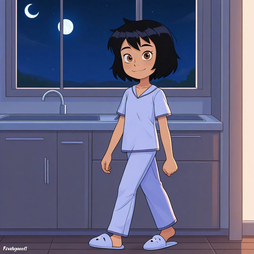 PeniP, black hair, short hair, brown eyes, Triplevexx Style, 1girl, solo.
night, pajama shirt, pajama pants, slippers, kitchen, walking, moon.
very aesthetic, best quality, high resolution, ultra detailed, perfect details.
happy., closed mouth, smiling, looking at viewer.