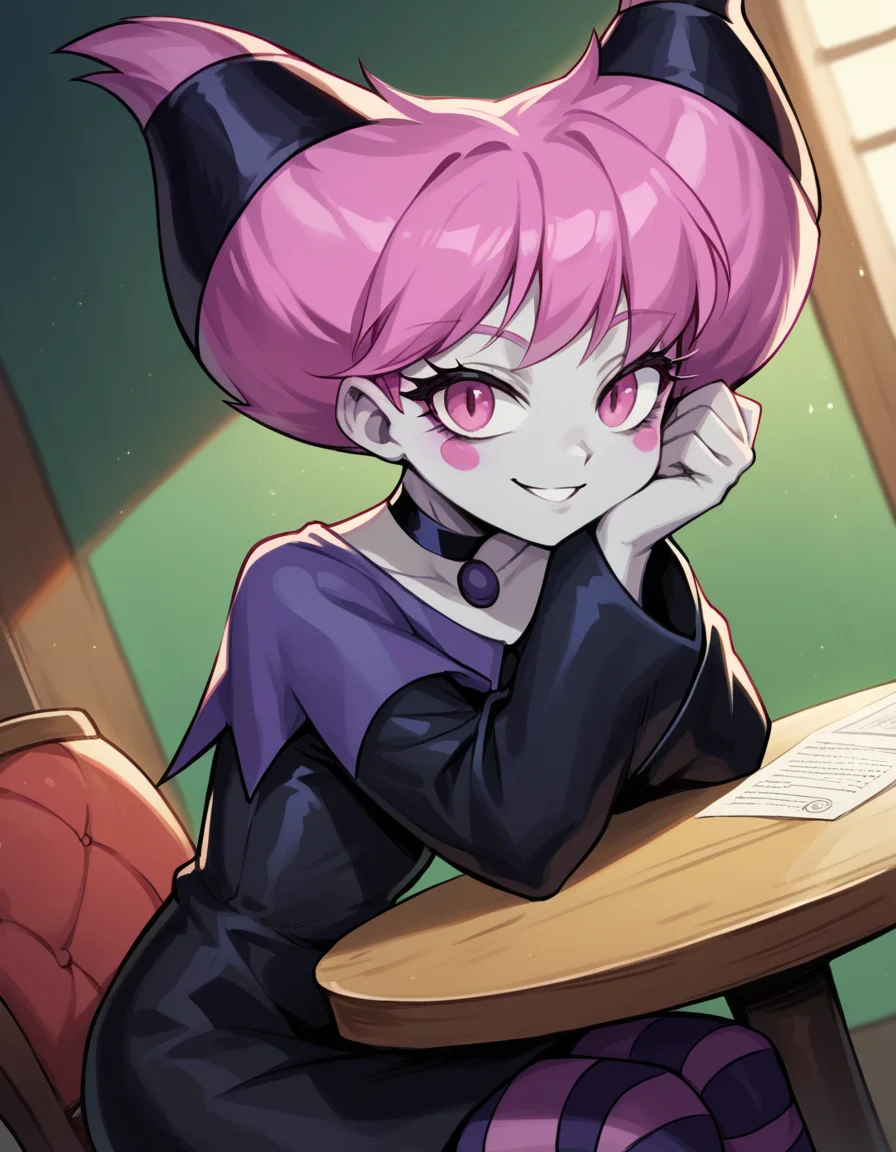 score_9, score_8_up, score_7_up, source_anime, <lora:jinx-dc-ponyxl-lora-nochekaiser_r1:1>, jinx, jinx (dc), colored skin, grey skin, hair horns, pink eyes, pink hair,, choker, long sleeves, pantyhose, striped clothes, striped pantyhose, black dress, wide sleeves, collarbone,, indoors, smile, looking at viewer, solo, sitting, head rest, table,, cowboy shot, dutch angle