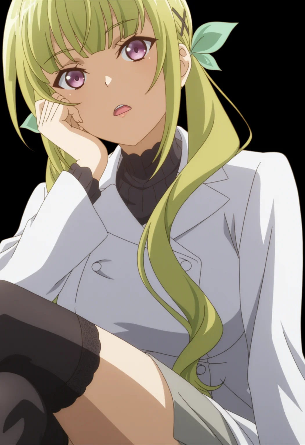 <lora:Keine KANZAKI_illustrious-000038:1>,
(HSP)Keine,solo,transparent background,long hair,open mouth,black thighhighs,gray skirt,twintails,green hair,lab coat,hair ribbon,
perspective,looking at viewer,motion lines,
sitting,crossed_legs,
anime screencap,original style,official art,
realistic skin,high definition,amazing quality,very aesthetic,best quality,masterpiece,best quality,very aesthetic,highres,absurdres,cowboy_shot,white background,simple background