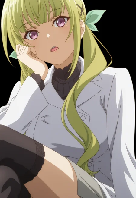 <lora:Keine KANZAKI_illustrious-000038:1>,
(HSP)Keine,solo,transparent background,long hair,open mouth,black thighhighs,gray skirt,twintails,green hair,lab coat,hair ribbon,
perspective,looking at viewer,motion lines,
sitting,crossed_legs,
anime screencap,original style,official art,
realistic skin,high definition,amazing quality,very aesthetic,best quality,masterpiece,best quality,very aesthetic,highres,absurdres,cowboy_shot,white background,simple background