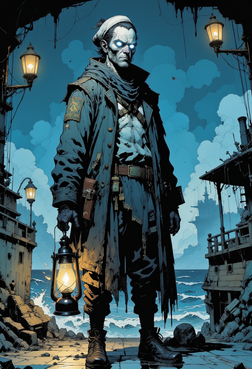 A Ghostly Sailor, spectral mariner with tattered uniform, glowing white eyes, holding a spectral lantern, haunted ship deck, misty sea background, dim lanterns, atmosphere of lost voyages and ghostly tales. Mangaka style.