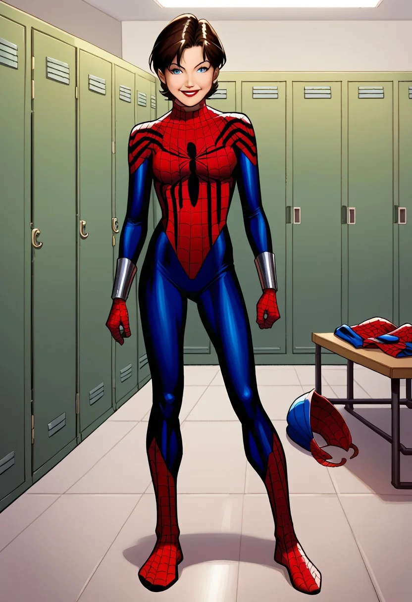 score_8, score_8_up, score_7_up, 1girl, female focus, solo, Mayday_MC2, blue eyes, brown hair, asymmetrical hair, bob cut, lipstick, SGMC2, bodysuit, print body suit, spider web print, bracers, gloves, superhero, looking at viewer, mask removed, indoors, locker, locker room, looking at viewer, smile, full body, standing, arms at side,