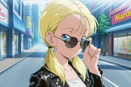 anime screencap, masterpiece, best quality, amazing quality, very aesthetic, absurdres, newest, (scenery, volumetric lighting),
official style, 1girl, solo,
marron, blue eyes, blonde hair, twintails,
leather jacket, jeans, high-waist pants, white shirt, collarbone, city, shop, road, walking, sunglasses, adjusting eyewear, looking at viewer, seductive smile, from side,
dappled sunlight, light rays,
<lora:Marron_IL:0.8>