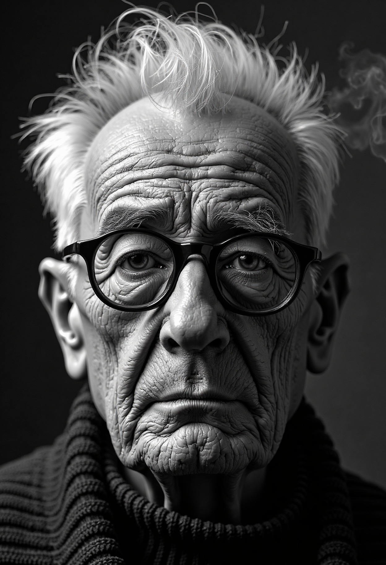 A highly detailed, black-and-white, silhouette, closeup, professional photo portrait of a old man with wrinkles and white hair. He has tanned skin and sad eyes framed by big glasses. His hair is short and white. He wears an elegant sweater. The background is pitch black, with smoke behind the woman, creating a dramatic contrast with hia tanned skin and white hair, drawing the viewerâs focus entirely onto her. The lighting, hitting only one side of his face, is hard in chiaroscuro style, giving depth to her features and an air of mystery. The overall style blends gothic and fantasy influences, with a strong emphasis on realism and a refined sense of elegance and enigma.