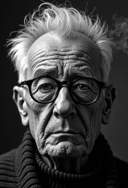 A highly detailed, black-and-white, silhouette, closeup, professional photo portrait of a old man with wrinkles and white hair. He has tanned skin and sad eyes framed by big glasses. His hair is short and white. He wears an elegant sweater. The background is pitch black, with smoke behind the woman, creating a dramatic contrast with hia tanned skin and white hair, drawing the viewerâs focus entirely onto her. The lighting, hitting only one side of his face, is hard in chiaroscuro style, giving depth to her features and an air of mystery. The overall style blends gothic and fantasy influences, with a strong emphasis on realism and a refined sense of elegance and enigma.