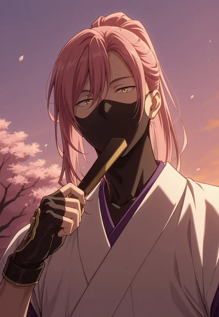 masterpiece,best quality,amazing quality, detailed details, shaded, detailed shading, detailed skin, shaded skin, realistic shading, countershading:1.1, outdoors, evening, low angle view, close-up, 1boy, male focus, mature, solo, Kaoru Sakurayashiki, pink hair, yellow eyes, cherry blossom, ponytail, mask, mouth mask, white Japanese clothes, looking at viewer, gloves, fingerless gloves, japanese hand fan, holding opened fan near mouth