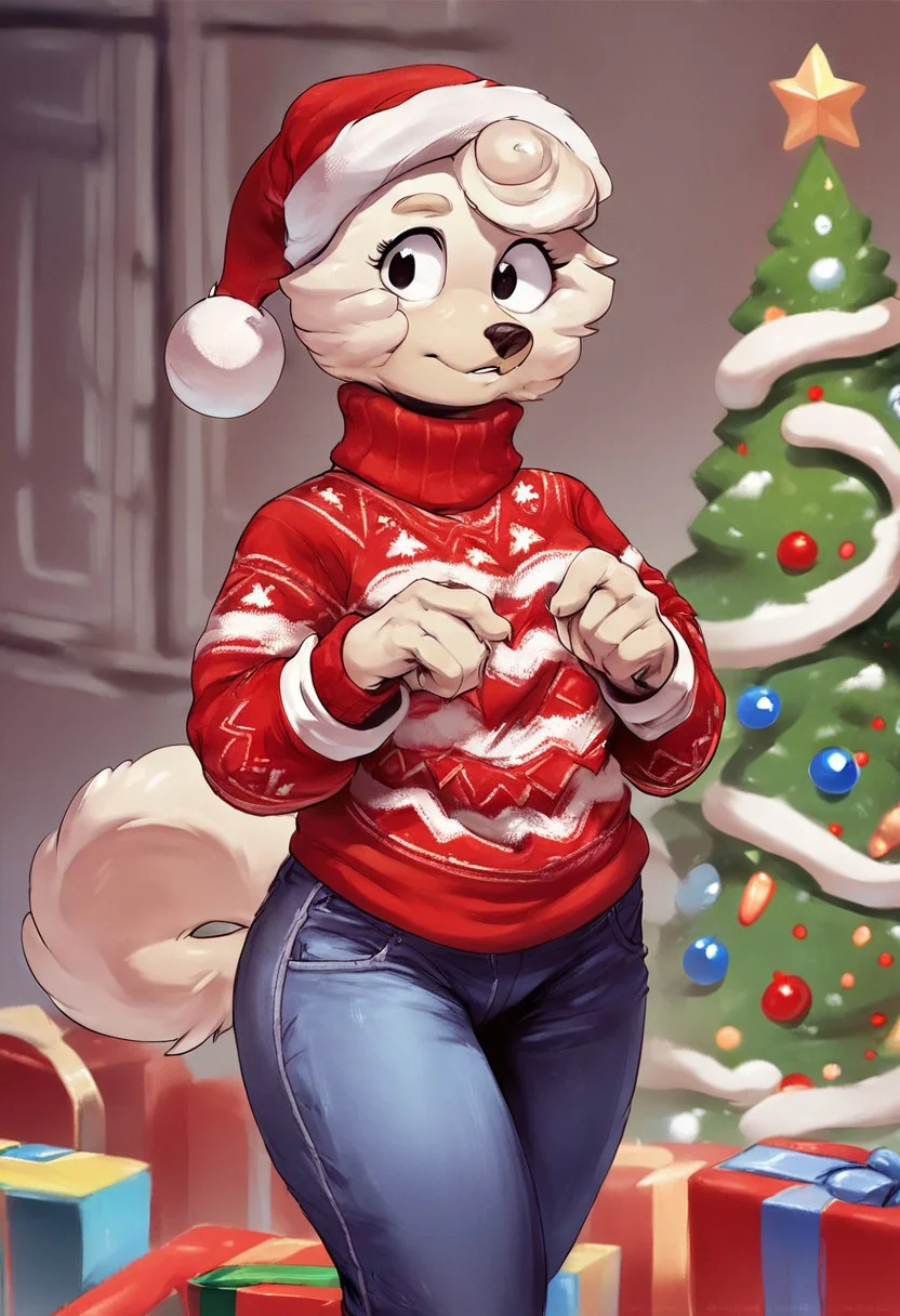 score_9, score_8_up, score_7_up, score_6_up, source_furry, christmas theme sweater, pants, santa hat, christmas tree, christmas theme, presents, solo, 1girl, wendy_bluey
