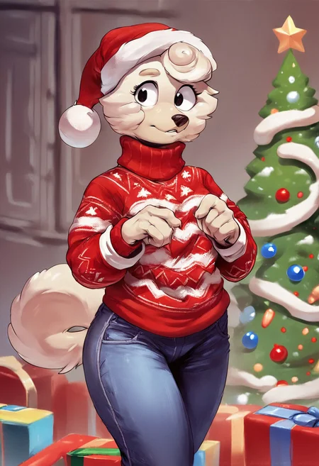 score_9, score_8_up, score_7_up, score_6_up, source_furry, christmas theme sweater, pants, santa hat, christmas tree, christmas theme, presents, solo, 1girl, wendy_bluey