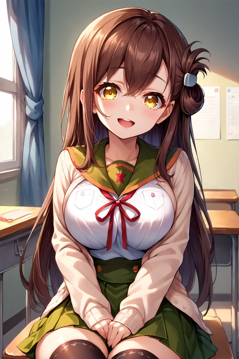 score_9, score_8_up, score_7_up, source_anime BREAK 1girl, solo, <lora:gakkou_yuri:1>, gakkou_yuri, school uniform, cardigan, green sailor collar, green skirt, large breasts, black thighhighs, brown hair, long hair, folded hair, hair ornament, yellow eyes, looking at you, smile, open mouth, school, desk, sitting