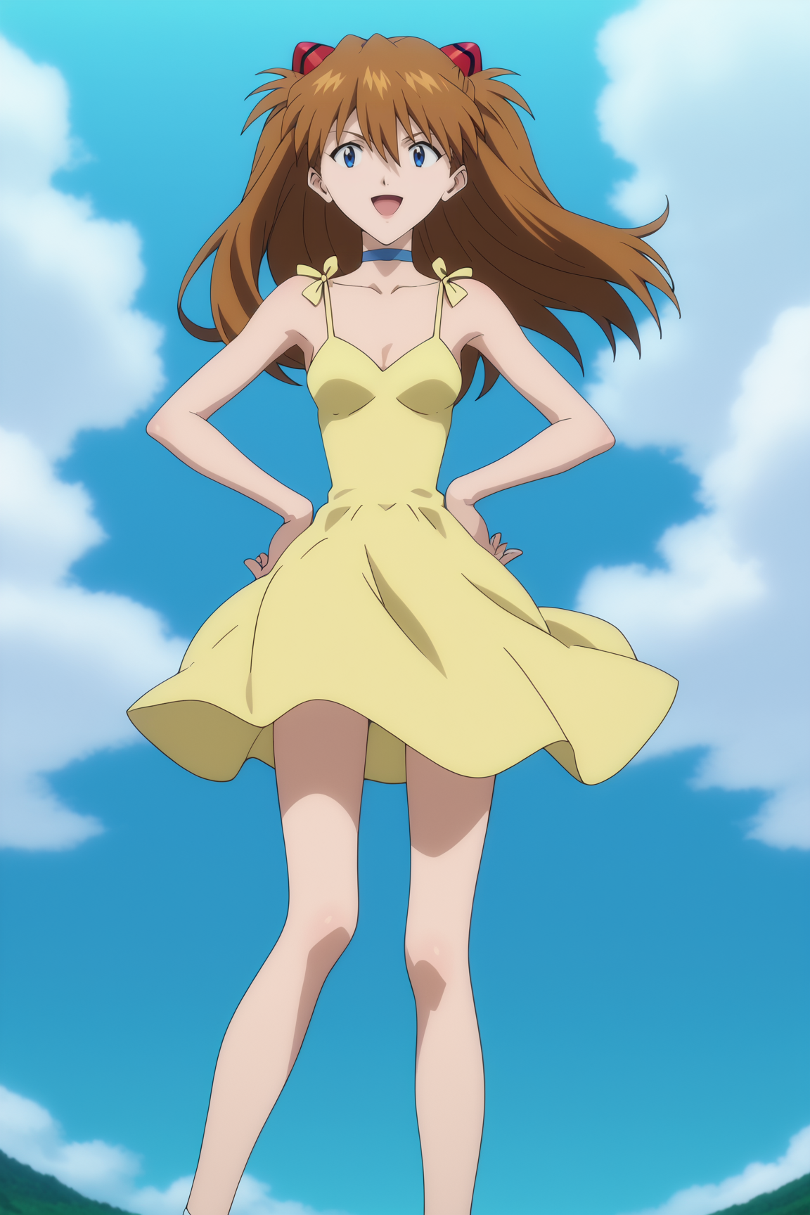 score_9, score_8_up, score_7_up, source anime, prefect lighting, very aesthetic, BREAK, anime coloring, anime screencap,
<lora:asuka_rebuild_v1-pony6:1>, 1girl, souryuu asuka langley, rebuild of evangelion, blue eyes, brown hair, interface headset, 
yellow sundress, choker, floating clothes, open mouth, hand on own hip, mary janes, blue sky, outdoors, 
BREAK, looking at viewer, light smile, 
BREAK,