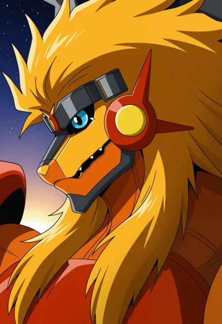 masterpiece,best quality,amazing quality, 1boy, solo, ap0ll0, digimon (creature), orange hair, blue eyes, split halo behind head, close up, side angle,