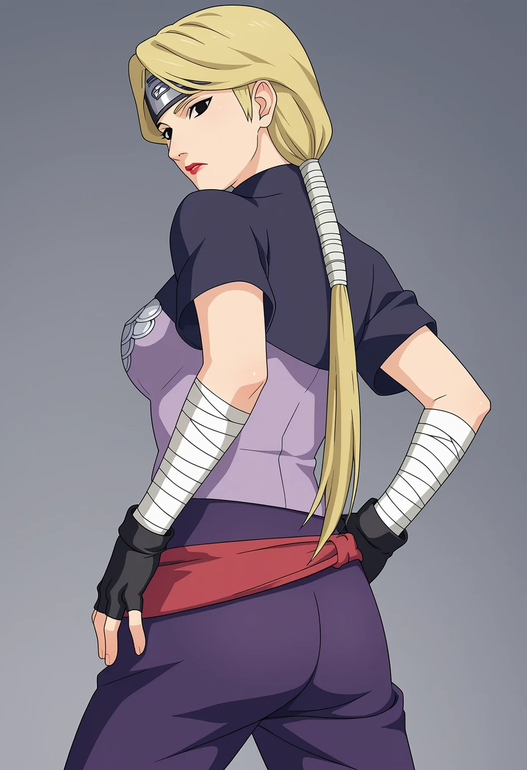 score_9,score_8_up,score_7_up, game cg,
from behind, looking back, hand on hip, 
yugitore, solo, 1girl, looking at viewer,
black eyes, blonde hair, ponytail, forehead protector,lipstick,
black and purple blouse, short sleeves, fingerless gloves, bandaged arms, 
purple pants, red belt,
breasts,
serious, 
simple background,perfect lighting,
 <lora:Naruto_YugitoNii_RE_PXL-000019:1>