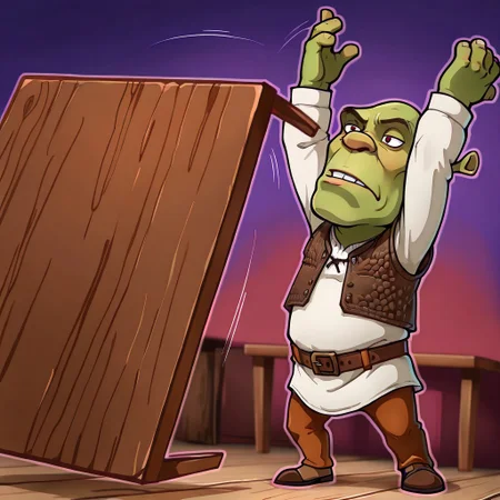 masterpiece, best quality, newest, absurdres, highres, anime, anime style, colorful, sticker, outline, chibi, Table-Flip-IL.V1.0, table, table flip,
1boy, shrek, bald, green skin, brown vest, white shirt, brown belt, pants
