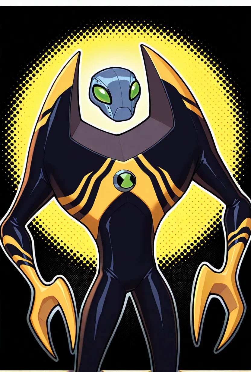 <lora:lodestar-10:1> lodestar, solo, alien, robot, no humans, green eyes, crab claws, black body, yellow stripes, yellow background, black background, small head, grey head, big arms, cowboy shot,, masterpiece, best quality, amazing quality, very aesthetic, absurdres, newest,, upper body, halftone effect, white borders, abstract background:1.2,