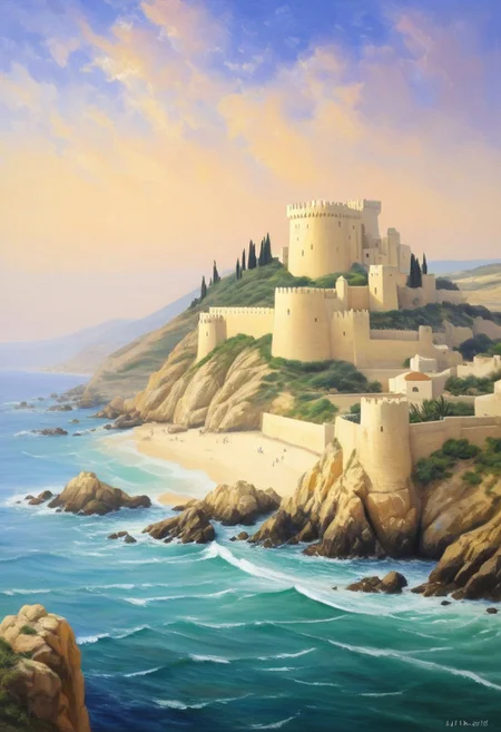 crusader castle at coast in palestine, (13th Century:1.5), dramatic atmosphere, dream scenery art, beautiful oil painting, romantic, beautiful romantic painting, masterpiece, highres, <lora:add-detail-xl:1>  <lora:Aros_Castle_Style:1>