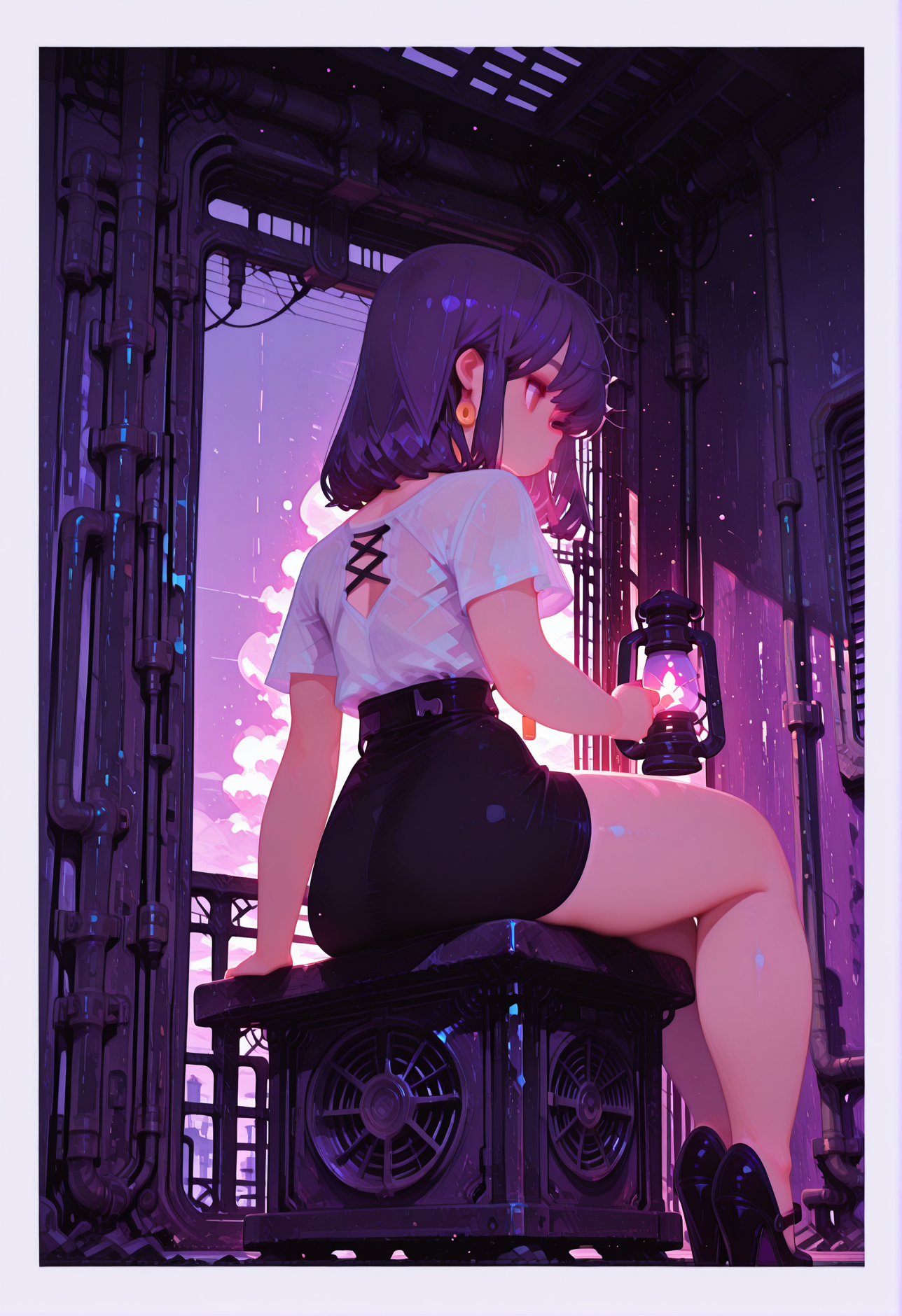 , masterpiece, best quality,
((cinematic lighting)) ,
(upper body shot) ,
morning, atmospheric
,
(from below,
from behind, back shot
),
1girl,
sitting with both knees up ,
medium hair ,
messed hair ,
ultra detailed eyes, (flat chest), [[[abs]]],
emosionless ,red  eyes ,
( black pencil skirt, white center laced shirt ),
pumps, no socks ,
skindentation, ((chubby thick legs), thick legs, chubby legs), thick calves,
,
backlighting ,
dynamic perspective,
BREAK
holding lantern, dark
,
(simple background, simple gradient pastel purple  background with white border),
victorian  room   background, window with iron grids ,ventilation fan ,light particles ,air duct
,
flatline, fl4t,
(nurzhan bekkaliyev),
748cmstyle, usnr,
,
,
<lora:TrendCraft_The_Peoples_Style_Detailer-v1.0A-3_13_2025-illustrious:0.4>
<lora:sdxl_turbo_weghts_beta_v0_1_0:0.95>
<lora:fl4t:1.25>
<lora:Nurzhan_Bekkaliyev:1.25>
<lora:748cmSDXL:0.4>
<lora:USNR STYLE_XL_loha:0.4>
,
, , ,