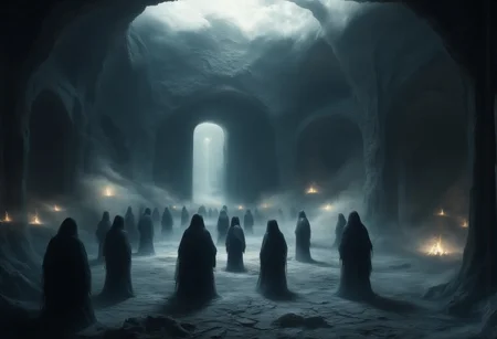 A vast and endless underworld, Sheol stretches beneath the earth like a forgotten chasm, its atmosphere thick with an eerie, otherworldly silence. The ground is cracked and lifeless, composed of blackened stone and ashen dust, while towering jagged pillars fade into an eternal twilight. The air is heavy with a ghostly mist, swirling around the countless shadowy figures, endless in number, stretching as far as the eye can see.
These spectral forms, their shapes flickering between solid and translucent, drift aimlessly in the gloom—faceless, hollow-eyed, their bodies blurred between existence and nothingness. Some stand motionless, frozen in time, while others shuffle forward in eternal silence, lost to the void. Their outlines waver, dissolving like smoke only to reform again, as if trapped in an endless loop of forgotten souls.
Dim, flickering lights, like dying embers, float aimlessly in the gloom, casting faint, shifting glows over the abyss. The walls of Sheol seem to stretch infinitely, carved with ancient, unreadable inscriptions, whispering the secrets of the dead. Deep within, shadowy doorways hint at even darker depths, places where the silence is broken only by the distant echoes of murmured laments.
A sense of vast isolation and eerie tranquility lingers, as if time itself has lost meaning. There is no fire, no torment—only the weight of eternal stillness, the mournful whispers of the countless souls that have long faded from the world above.
Ultra-detailed, cinematic lighting, dark fantasy, gothic realism, atmospheric and haunting, hyper-realistic textures, eerie and mystical composition. DarkAtmosCE style, aidmamj6.1