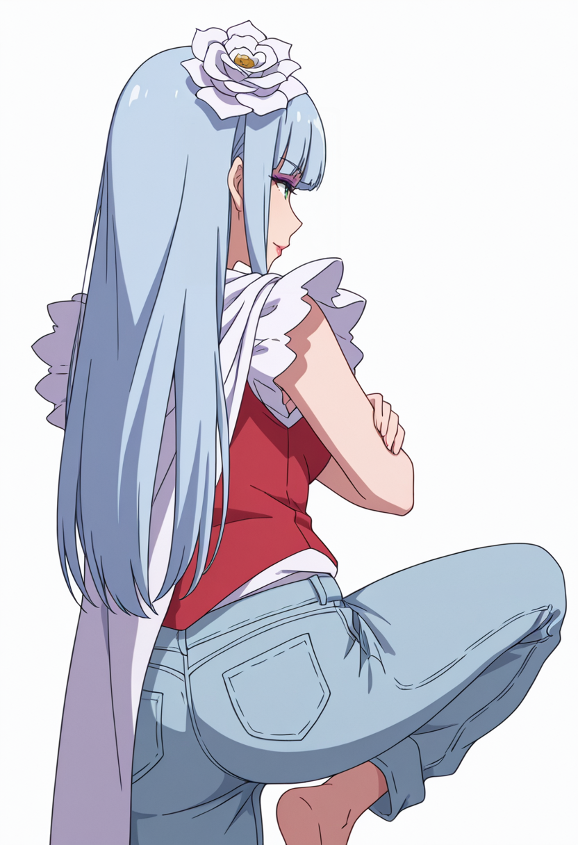 Smooth Quality,masterpiece,very intricate, high quality details, ultra realistic, high detailed skin,detailed enviorement,absurdres,
 <lora:Manami_Supernova_CNR:0.8> manami_cnr, 1girl,blue hair, long hair, blunt bangs, green eyes, makeup, lipstick,white flower,hair flower, hair ornament,, simple background, white background, from behind,solo,
leaning against wall, one foot up, arms crossed, looking away,,, :>,, waistcoat,   ,cape, ,rolled-up jeans,  ,