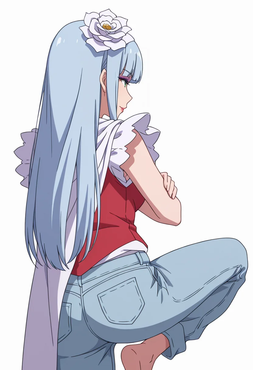 Smooth Quality,masterpiece,very intricate, high quality details, ultra realistic, high detailed skin,detailed enviorement,absurdres,
<lora:Manami_Supernova_CNR:0.8> manami_cnr, 1girl,blue hair, long hair, blunt bangs, green eyes, makeup, lipstick,white flower,hair flower, hair ornament,, simple background, white background, from behind,solo,
leaning against wall, one foot up, arms crossed, looking away,,, :>,, waistcoat, ,cape, ,rolled-up jeans, ,