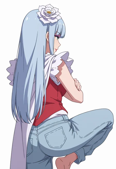 Smooth Quality,masterpiece,very intricate, high quality details, ultra realistic, high detailed skin,detailed enviorement,absurdres,
<lora:Manami_Supernova_CNR:0.8> manami_cnr, 1girl,blue hair, long hair, blunt bangs, green eyes, makeup, lipstick,white flower,hair flower, hair ornament,, simple background, white background, from behind,solo,
leaning against wall, one foot up, arms crossed, looking away,,, :>,, waistcoat, ,cape, ,rolled-up jeans, ,