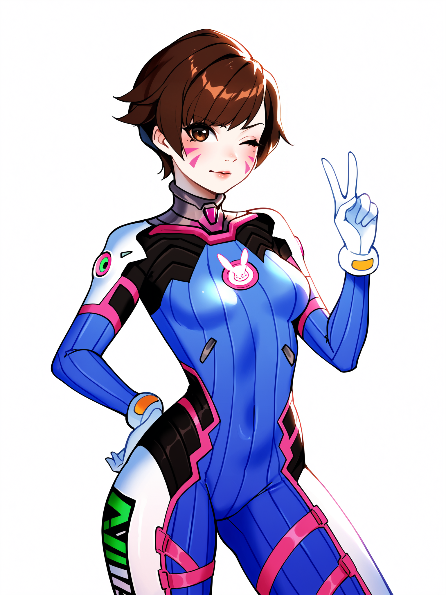 score_9, score_8_up, score_7_up, score_6_up, score_5_up, score_4_up,
BREAK
1girl, d.va \(overwatch\), brown hair, short hair, tomboy, facial mark, brown eyes,
BREAK
solo, standing, bodysuit, peace sign, wink,
BREAK
white background, simple background, angled shot, dynamic pose, dynamic angle, <lora:Lunas-Tofuubear-SDXL-A1:1>