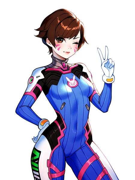 score_9, score_8_up, score_7_up, score_6_up, score_5_up, score_4_up,
BREAK
1girl, d.va \(overwatch\), brown hair, short hair, tomboy, facial mark, brown eyes,
BREAK
solo, standing, bodysuit, peace sign, wink,
BREAK
white background, simple background, angled shot, dynamic pose, dynamic angle, <lora:Lunas-Tofuubear-SDXL-A1:1>