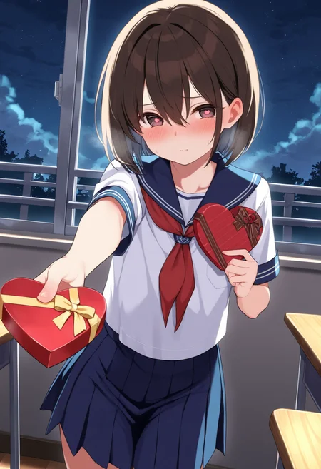 masterpiece,best quality,amazing quality,
trap, hair between eyes, flat chest, heart-shaped box, holding, box, gift, valentine, incoming gift, blush,outdoors, night sky, clouds, classroom, serafuku, school uniform, white shirt, blue sailor collar, blue skirt, pleated skirt, short sleeves, neckerchief, red neckerchief,