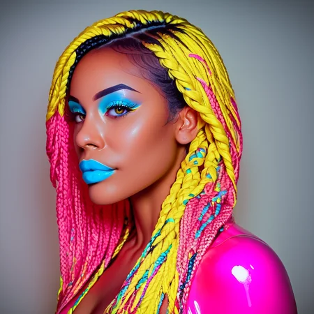 score_9, score_8_up, score_7_up, score_6_up, score_5_up, score_4_up, 1girl, solo, 40 years old, beautiful woman, mature woman, beautiful face and eyes, sexy lips, black woman, multicolor box braids, green and yellow thick box braids, braids in a bob style, blue neon background, neon blue lipstick and eyeshadow, dark skin, perfect photos shots, side view, pink latex bodysuit, side view, glowing, neon, easynegative, edgy<lora:Pony_XL_Colorful_Box_Braids-000006> <lora:lukethighwalkerneonponyv6> <lora:black_woman-000002>