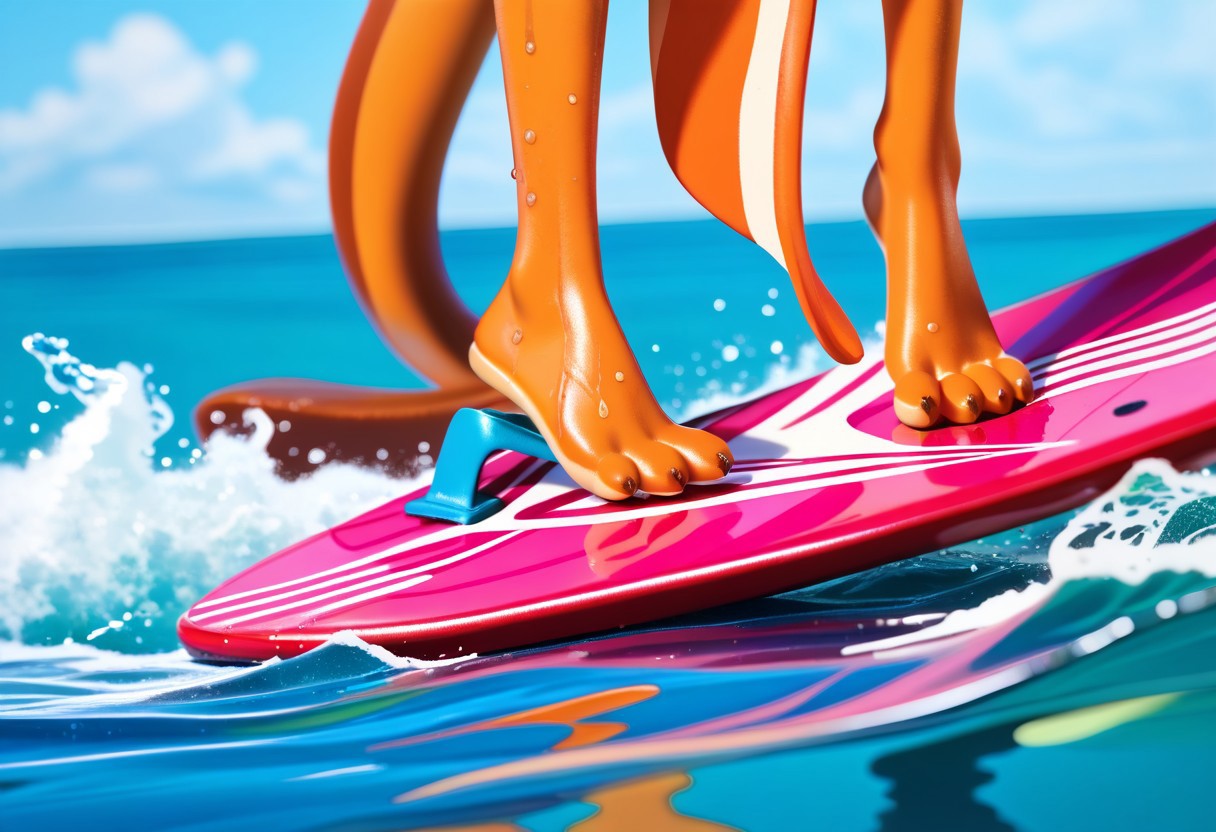 score_9, score_8_up, score_7_up, score_6_up, score_5_up, score_4_up, 1girl, furry female, kiff chatterley, orange squirrel, barefoot, orange feet, 3 toes, foot focus, close-up, water, surfing, feet on surfboard, wet on feet, close-up