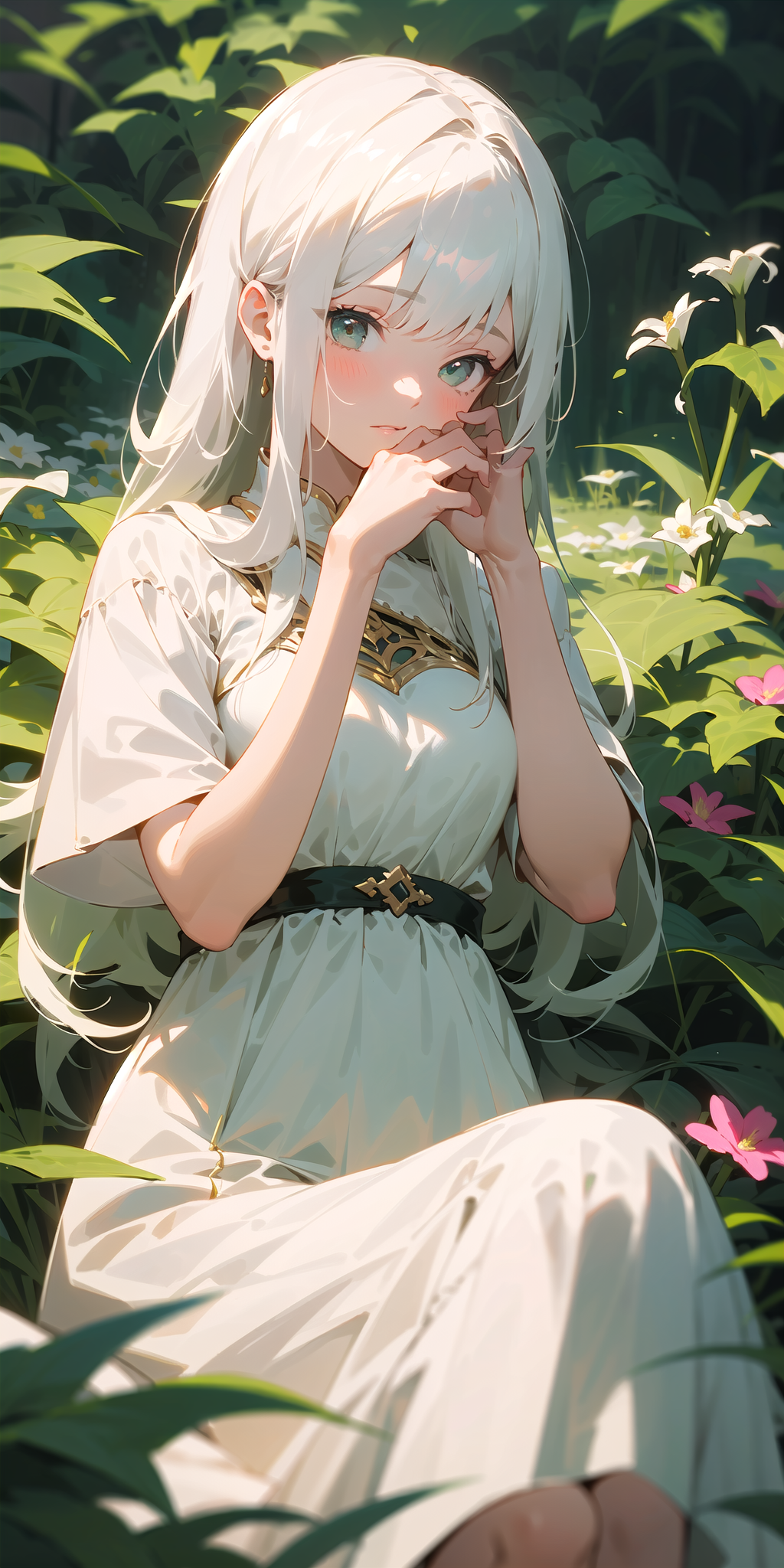 (masterpiece, best quality),1girl with long white hair sitting in a field of green plants and flowers, her hand under her chin, warm lighting, white dress, blurry foreground