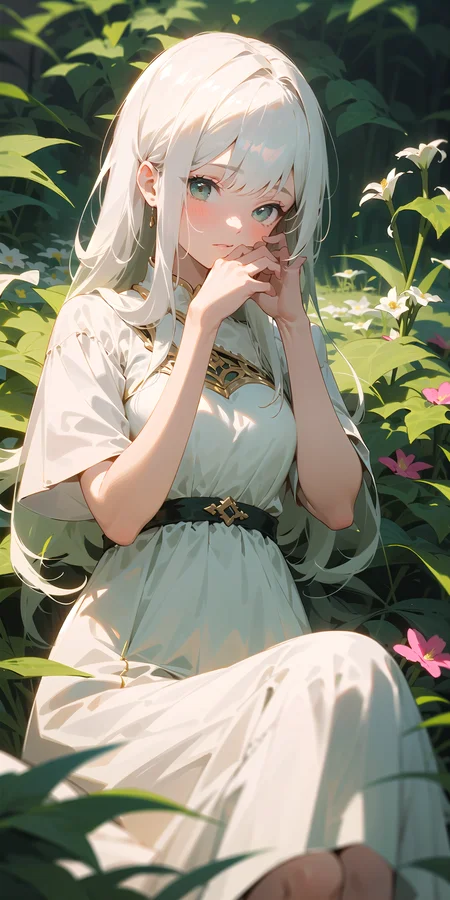 (masterpiece, best quality),1girl with long white hair sitting in a field of green plants and flowers, her hand under her chin, warm lighting, white dress, blurry foreground