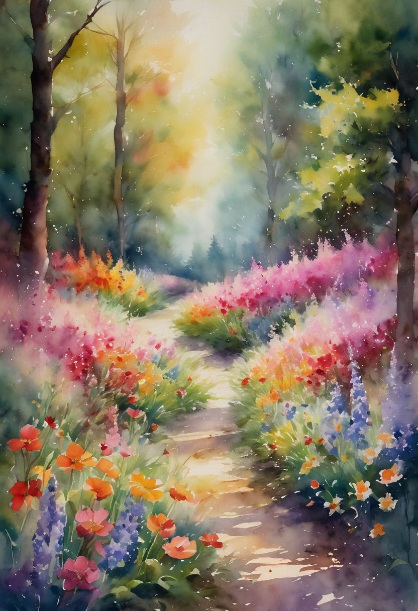 A captivating watercolor painting depicting a dreamlike landscape where reality and fantasy seamlessly merge. Colorful flowers bloom in abundance, releasing their enchanting fragrance into the air. The flora varies from delicate pastel hues to bold, vibrant colors, creating a symphony of visual and olfactory delight. The flowers appear to have a life of their own, as if they hold the essence of the soul, and their fragrance is carried by the gentle breeze, caressing the skin with a sense of pure bliss.