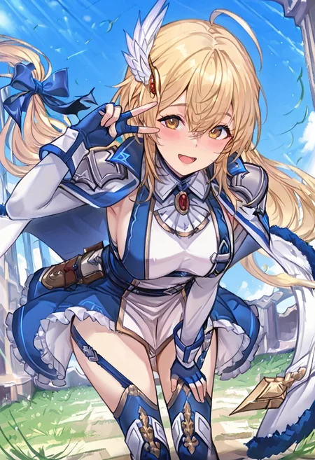 masterpiece,best quality,absurdres,perfect lighting,outdoors,grass,day,wind,blue sky,
*//*,<lora:Rizette_LL-Illustrious:1>,rizette_ll,1girl,solo,blonde hair,long hair,(low-tied long hair:0.9),ahoge,yellow eyes,hair bow,blue bow,dress,armor,shoulder armor,fur trim,fingerless gloves,thighhighs,garter straps,boots,cape,hair ornament,
*//*,looking at viewer,cowboy shot,light smile,open mouth,leaning forward,v over eye,