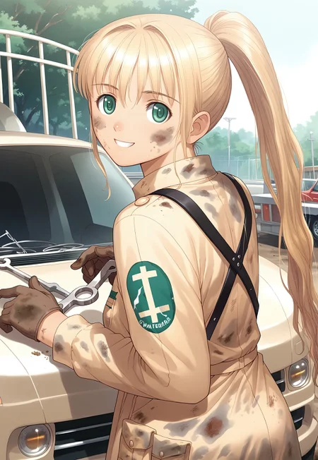 safe_pos, hortensia,score_9,score_8_up,score_7_up,source_anime,best quality,masterpiece,absurd res, 8k,1girl,solo,adorable_girl:1.1,adorable_face,perfect_fingers,detailed_fingers,slim_hands,green_eyes,(cleavage:0.3),back,curious,leaning_forward,(very_long_hair:1.0,ponytail_hair),mechanic_jumpsuit,car,looking_back,dirty_face,smiling,leather_gloves,dirt,greasy,engine,wrench