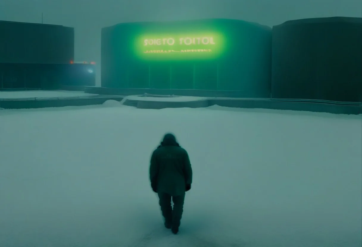 a large concrete structure with a green pool in front of it, field, a person walking through a snow covered field, a man in a gas mask and a gas suit, helmet, text focus, motion blur, sky, neon lights, Industrial_Futurism,
