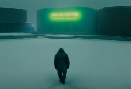 a large concrete structure with a green pool in front of it, field, a person walking through a snow covered field, a man in a gas mask and a gas suit, helmet, text focus, motion blur, sky, neon lights, Industrial_Futurism,
