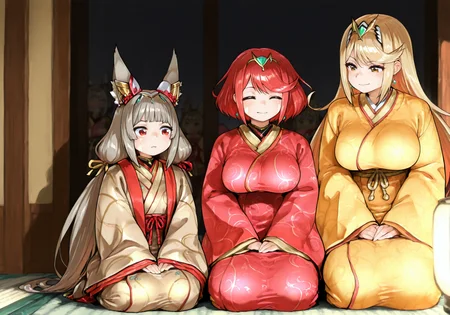 (3girls:1.5), (general:1.3), (detailed background:1.5), <lora:ohinasama_Illust_v1:1> ohinasama, japanese clothes, layered kimono, long sleeves, sleeves past wrists, wide sleeves, print kimono, multicolored clothes, multicolored kimono, haori, hair ornament hirabitai, branch, pink flower, plum blossoms, hand fan, holding fan, paper lantern, spring \(season\), BREAK
light smile, straight-on, seiza, zabuton, lineup, xenoblade chronicles 2, pyra \(xenoblade\), mythra \(xenoblade\), nia \(blade\) \(xenoblade\), BREAK
<lora:pyra-xb-richy-v1_ixl:0.7> prrnd, red eyes, red hair, short hair, tiara, earrings, large breasts, BREAK
<lora:nia-illu-nvwls-v1_1:0.7> bldn1a, cat ears, grey hair, low twintails, very long hair, blunt bangs, facial mark, hair ribbon, BREAK
<lora:mythra-xb-richy-v1_ixl:0.7> mthrrnd, yellow eyes, blonde hair, long hair, tiara, earrings, large breasts, BREAK
Neromashin_Style_SKNSFW, P3ng01nd00, S0d3v111111m0, (8K:1.2), (masterpiece:1.2), best quality, amazing quality, very aesthetic, absurdres, newest, <lora:ishikeXLillokrV53P1T1:0.5> <lora:AIã¤ã©ã¹ããããã_style_illustrious_goofy:0.5> <lora:ahemaru_777:0.65> <lora:Neromashin_Style_SKNSFW:0.55> <lora:Penguindou:0.35> <lora:Sodeviiiiiimu_Style:0.4> <lora:cfg_scale_boost:0.7> <lora:NOOB_EPSv1_1_detailer_by_vlnvk_v1_0:1.0> BREAK
