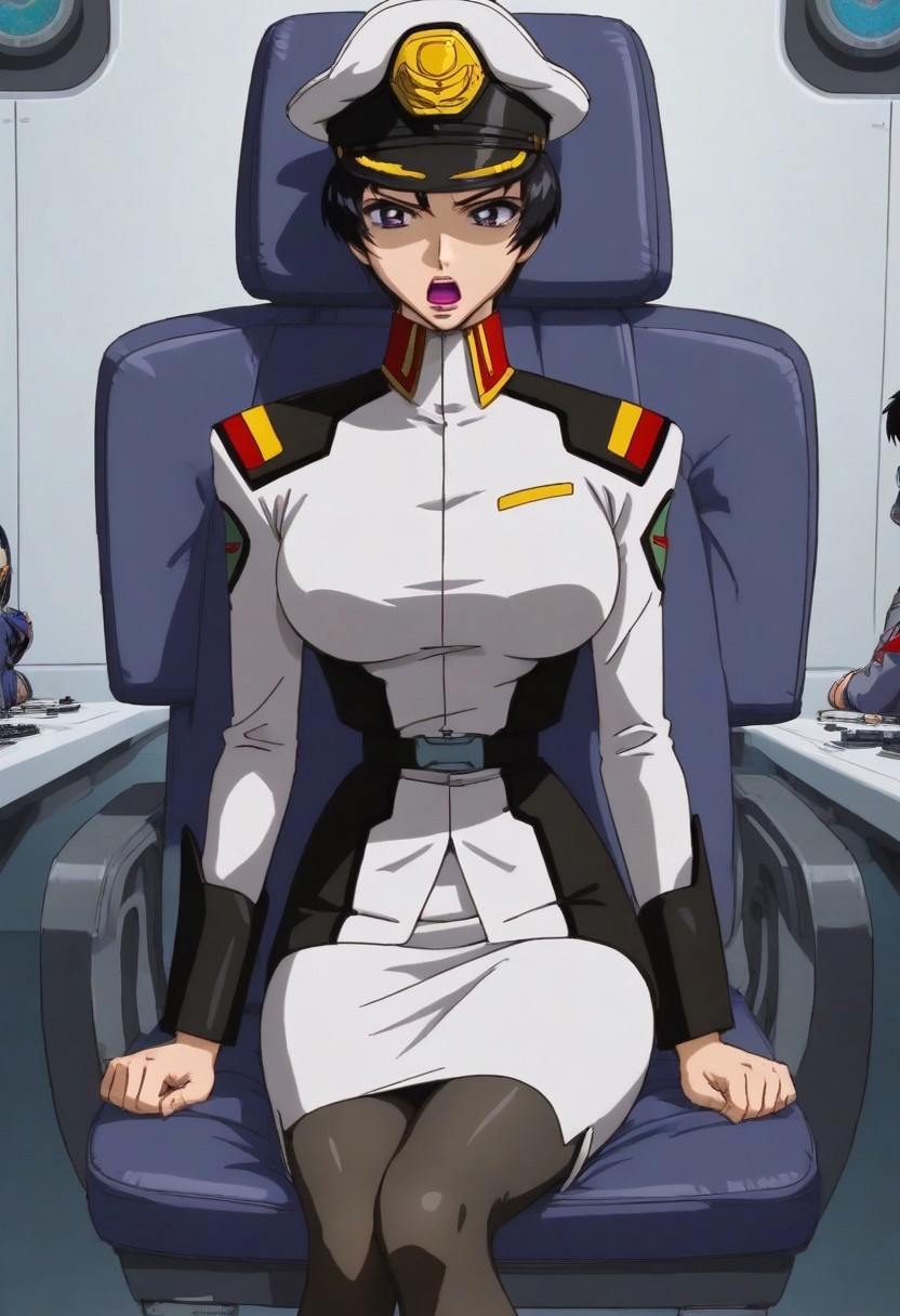 safe_pos, score_9, score_8_up, score_7_up, zPDXL3, Expressiveh, source: anime, anime screencap, anime coloring, natarle, 1girl, solo, blue sky, purple eyes,black hair,short hair, purple lips, perfect face, detailed face, perfect lips, ultra-detailed eyes, detailed hair, (perfect anatomy, perfect proportions), large breasts, ultra-narrow waist, ultra-fit figure, ultra-flared hips, ultra-round ass, butt crack, tight ass, shapely legs, peaked cap, military uniform, skirt, pantyhose, boot, indoors, detailed backgrounds, science fiction, naval warship interior, modern warship, command bridge, sitting in captain's chair, leaning back on chair, sci-fi consoles, crew in background, shouting orders, grasping the edges of her seat, determined, expressive, focused, looking forward, focus on face, viewed from front