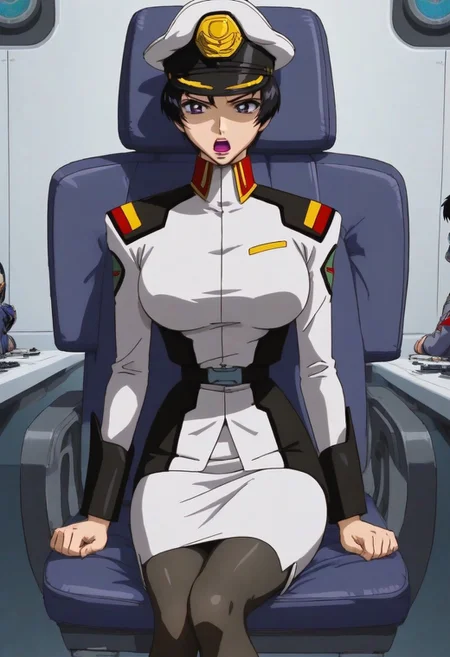 safe_pos, score_9, score_8_up, score_7_up, zPDXL3, Expressiveh, source: anime, anime screencap, anime coloring, natarle, 1girl, solo, blue sky, purple eyes,black hair,short hair, purple lips, perfect face, detailed face, perfect lips, ultra-detailed eyes, detailed hair, (perfect anatomy, perfect proportions), large breasts, ultra-narrow waist, ultra-fit figure, ultra-flared hips, ultra-round ass, butt crack, tight ass, shapely legs, peaked cap, military uniform, skirt, pantyhose, boot, indoors, detailed backgrounds, science fiction, naval warship interior, modern warship, command bridge, sitting in captain's chair, leaning back on chair, sci-fi consoles, crew in background, shouting orders, grasping the edges of her seat, determined, expressive, focused, looking forward, focus on face, viewed from front
