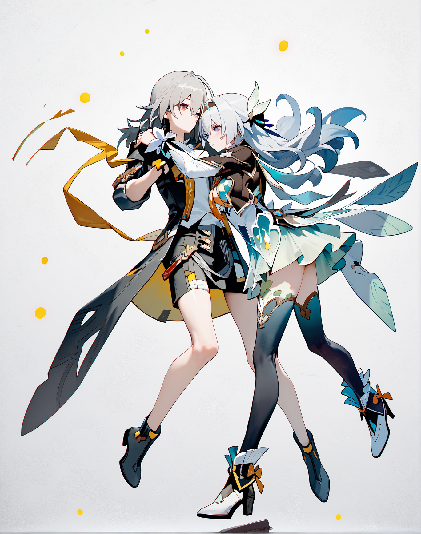 score_9, score_8_up, score_7_up, score_6_up, 8k, best quality, masterpiece, (ultra-detailed:1.2), (high detailed skin), full body, 
<lora:LKtrain-pony-Tanger-000005:0.8>, Firefly /(honkai: star rail/), Firefly's def clothes, stelle/(honkai: star rail/), stelle's def clothes, two anime characters  hugging together, thighhighs, 
simple background, white background, 
<lora:Ð¡osmic Void Style LoRA_Pony XL v6 ALT:0.4>,