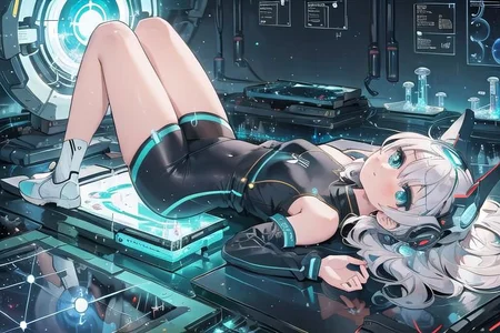 (masterpiece), (science fiction:1.4), 1girl, lying on the back on a mirror, lying on the back on a mirror, lying on the back on a mirror, smile, silver hair, aqua eyes, headgear, long sleeves, detached sleeves, glowing energy clothing, light particles, energy particles, perfect hands, perfect legs